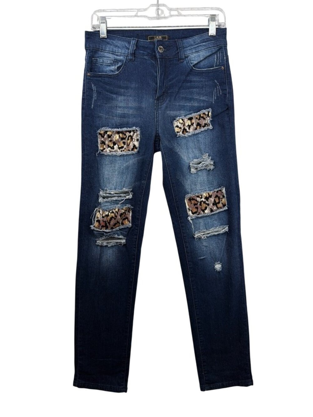 Lucky&Blessed Womens Jeans Sz 6 DarkWash Distressed Sequined Leopard Prt MobWife